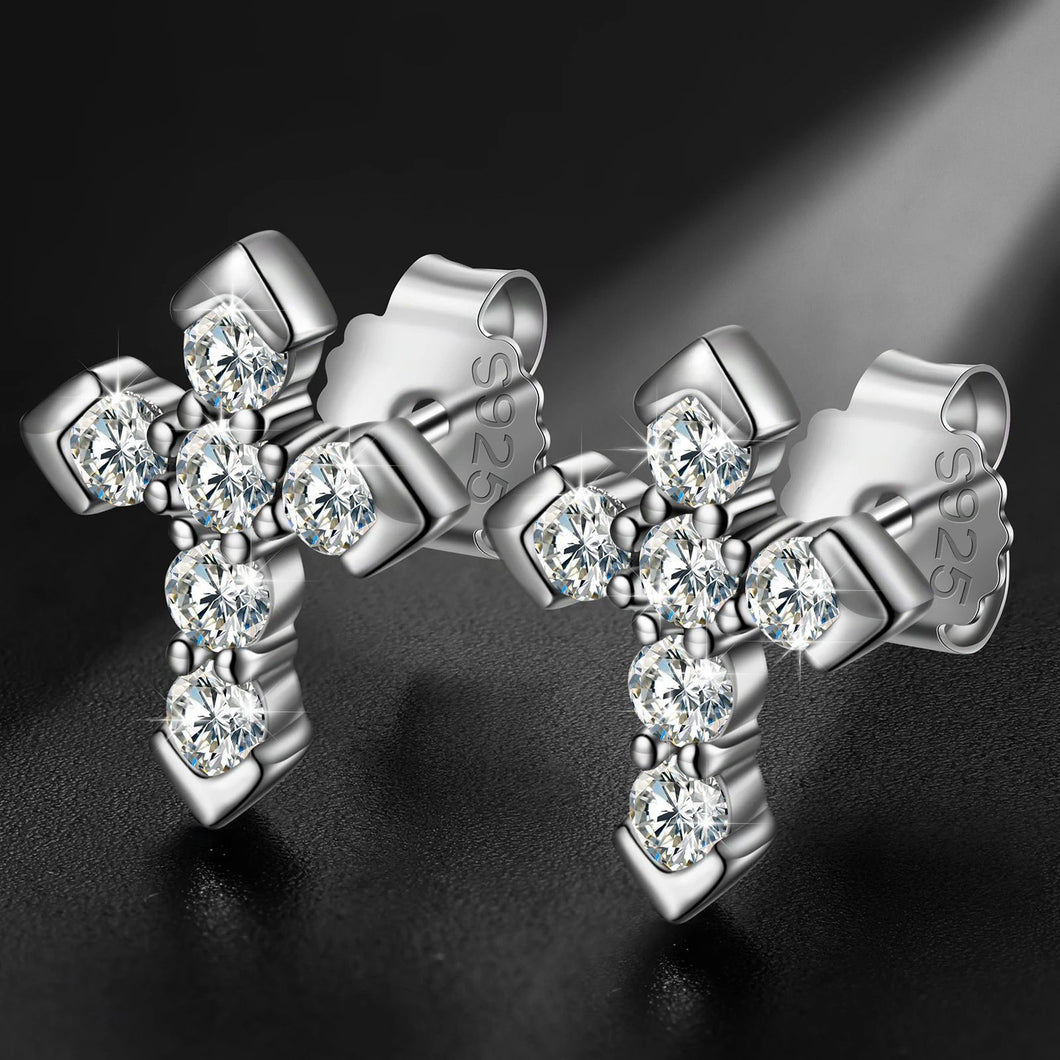 Aretes Cruz Moissanitas-Plata Ley 925