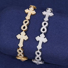 Cargar imagen en el visor de la galería, Pulsera Cubana Infinitos+Cruces Moissanita-Plata Ley 925 17.7cm x 1.5cm
